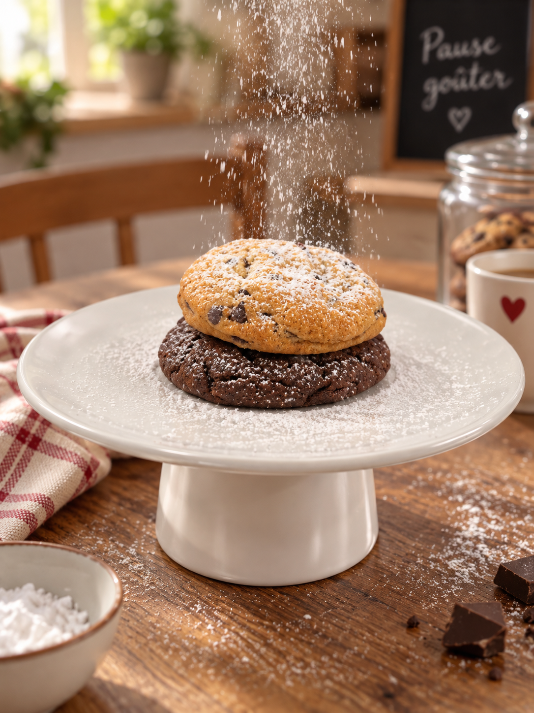 Cookies chocolat saupoudrés de sucre glace, ambiance pause goûter
