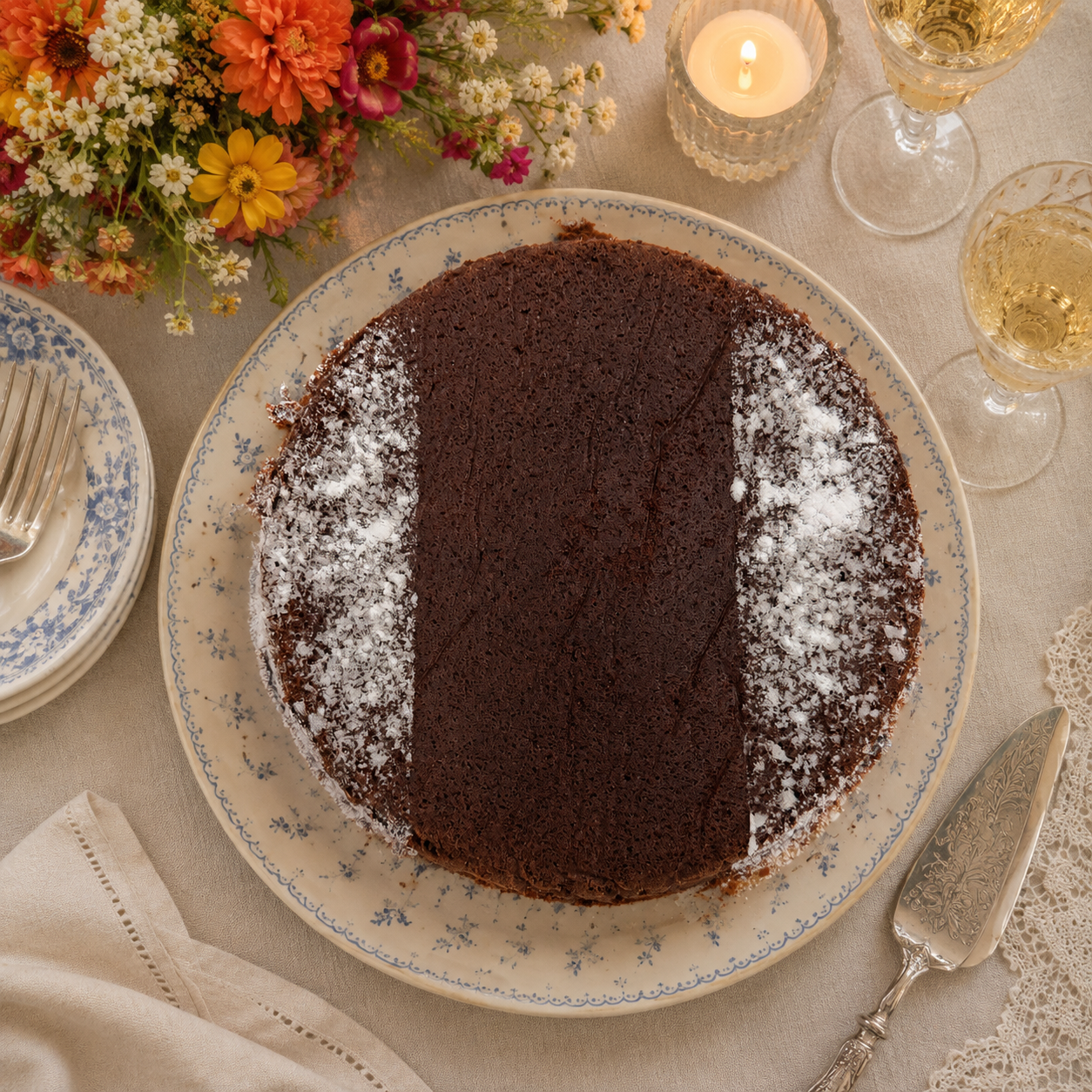 Gâteau au chocolat saupoudré de sucre glace sur une table dressée en famille