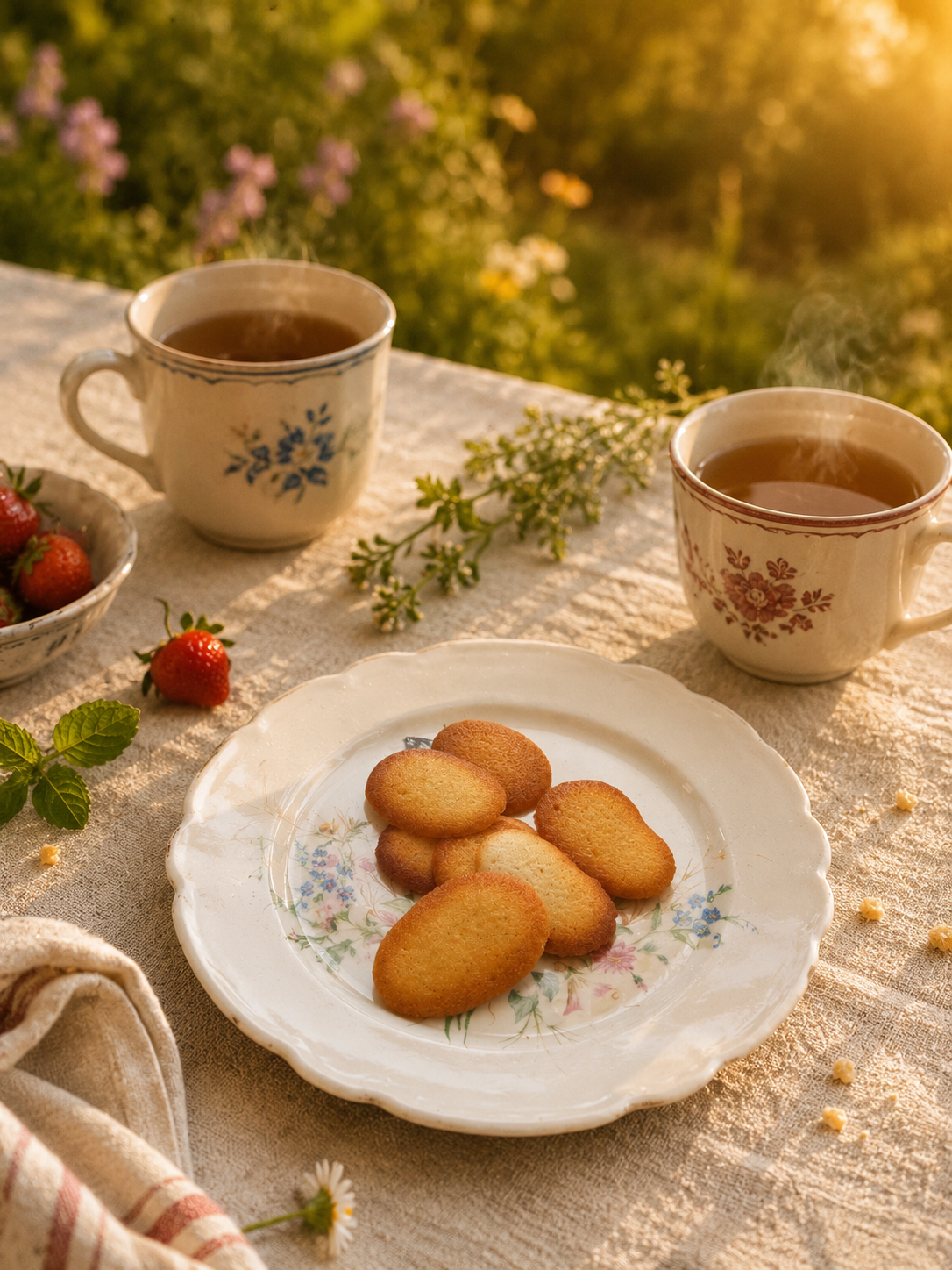 Assiette de langues de chat et deux tasses de thé sur une nappe, en plein soleil d'été au jardin