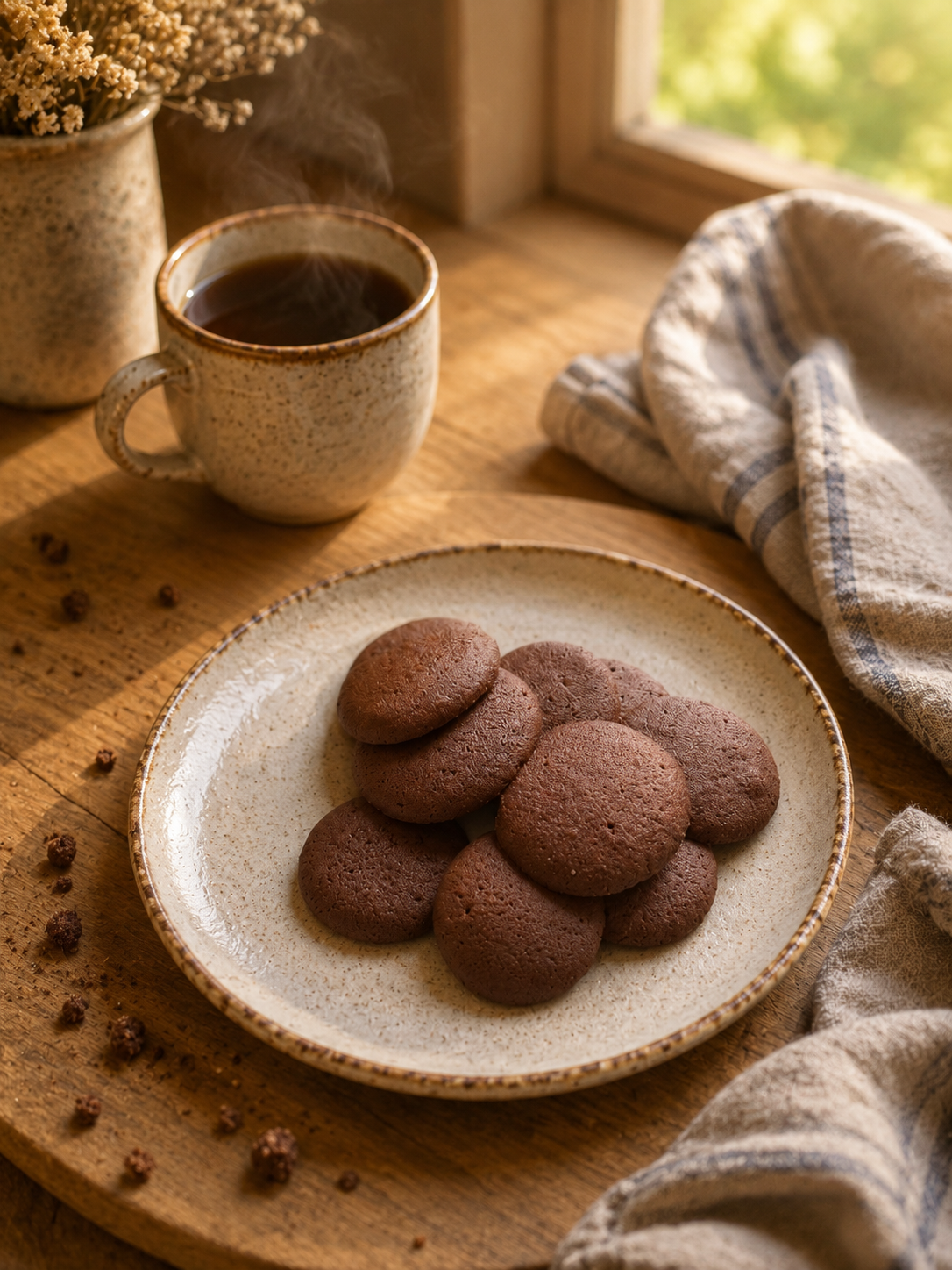 Palets cacao posés sur une table, à côté d'une tasse