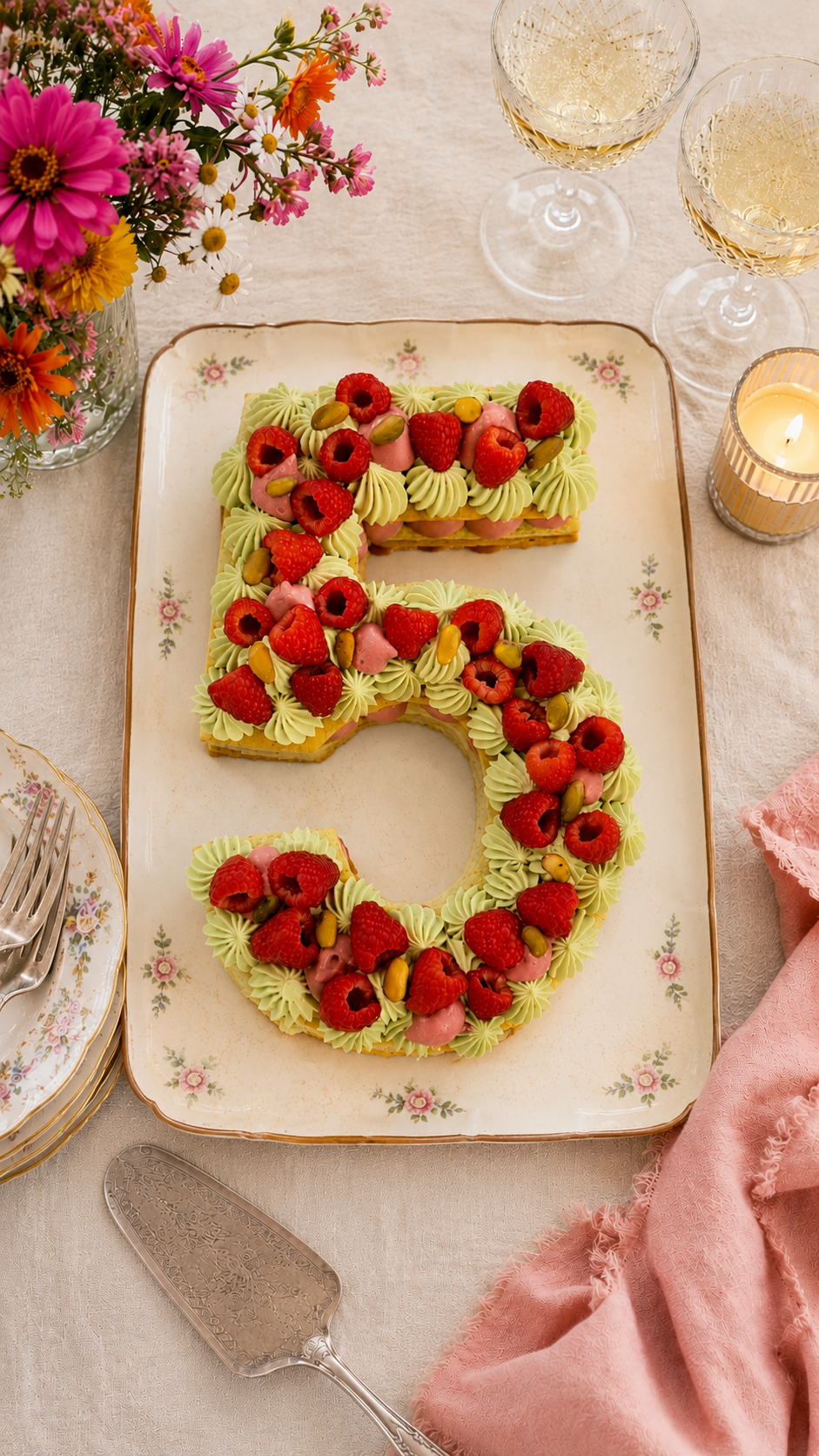 Number cake chiffre 5 framboise pistache pour un anniversaire